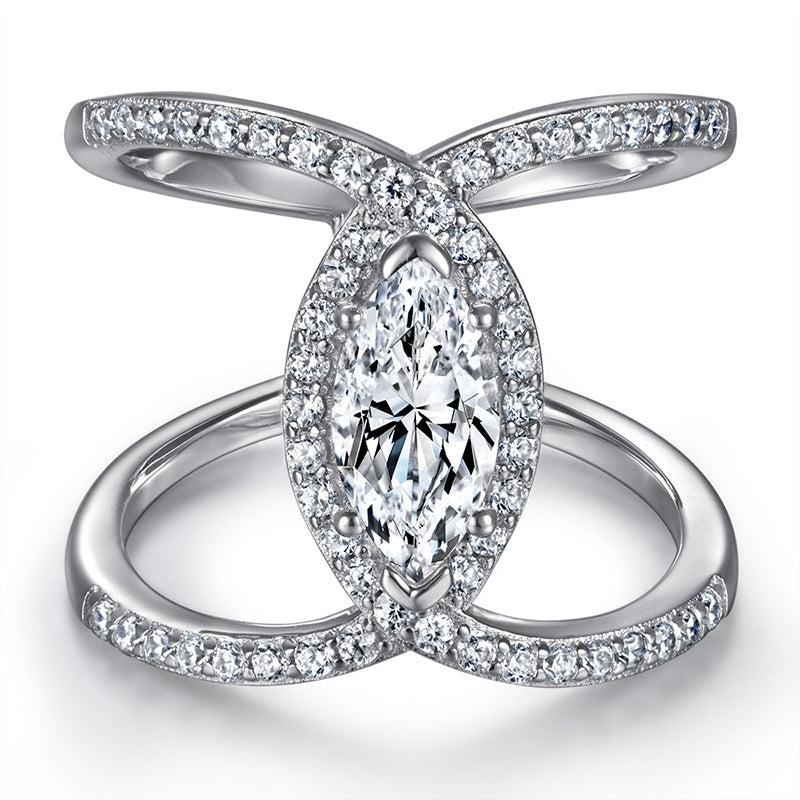 925 Sterling Silver Double Row Marquise Zircon Ring – Modern Twisted Band Design