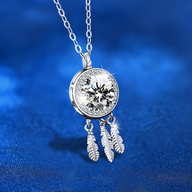 925 Sterling Silver Dreamcatcher Pendant Necklace with 1ct Moissanite Classic Chain Women's Premium White Gold Plated Jewelry