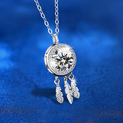 925 Sterling Silver Dreamcatcher Pendant Necklace with 1ct Moissanite Classic Chain Women's Premium White Gold Plated Jewelry
