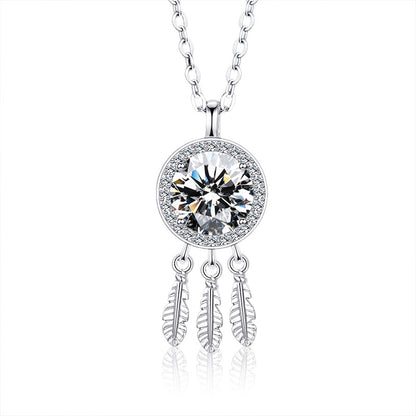 925 Sterling Silver Dreamcatcher Pendant Necklace with 1ct Moissanite Classic Chain Women's Premium White Gold Plated Jewelry