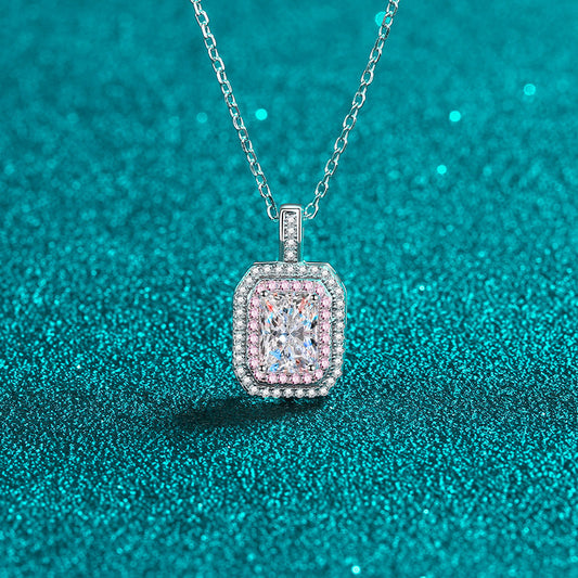 925 Sterling Silver Emerald/Radiant Cut Moissanite Necklace - 1CT Two-Tone Pendant Collarbone Chain