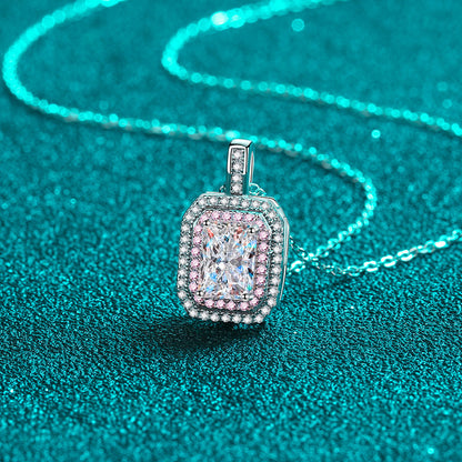 925 Sterling Silver Emerald/Radiant Cut Moissanite Necklace - 1CT Two-Tone Pendant Collarbone Chain
