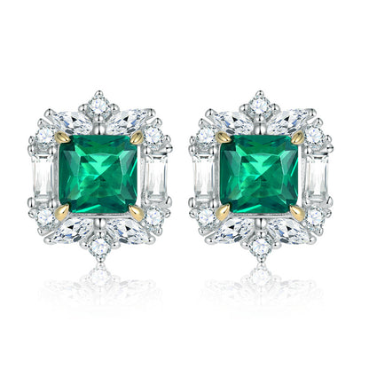 925 Sterling Silver Emerald Zircon Earrings for Women Elegant Geometric Floral Stud Earrings White Gold Plated