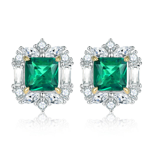 925 Sterling Silver Emerald Zircon Earrings for Women Elegant Geometric Floral Stud Earrings White Gold Plated