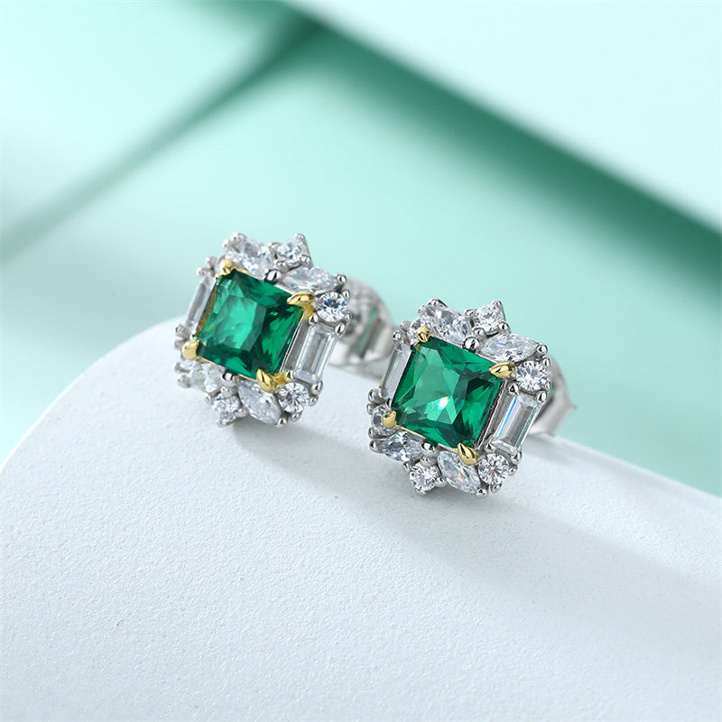 925 Sterling Silver Emerald Zircon Earrings for Women Elegant Geometric Floral Stud Earrings White Gold Plated