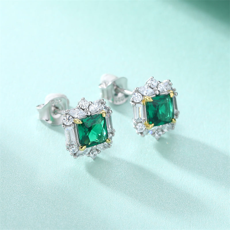 925 Sterling Silver Emerald Zircon Earrings for Women Elegant Geometric Floral Stud Earrings White Gold Plated