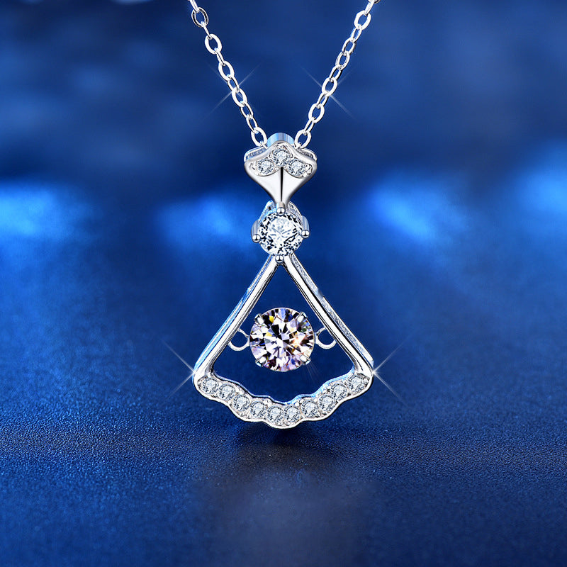 925 Sterling Silver Fan Pendant Necklace with 0.5ct D Color Moissanite and Zircon Cross Chain Women's White Gold Plated Jewelry