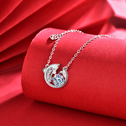 925 Sterling Silver Fish Pendant Necklace with 1ct Moissanite Cross Chain Women's White Gold Plated Jewelry