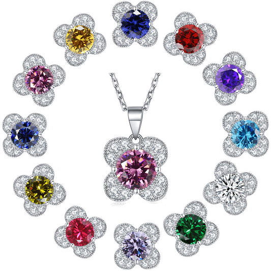 925 Sterling Silver Floral Birthstone Pendant Necklace - Four-Leaf Clover Charm Jewelry