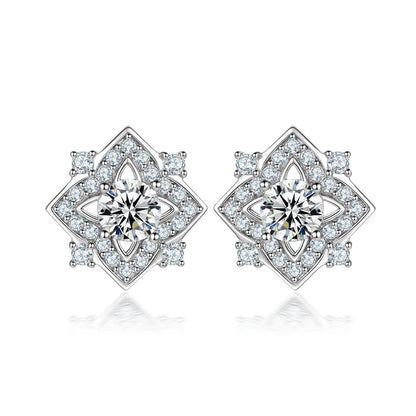 925 Sterling Silver Floral Clover Earrings for Women Elegant Zircon Flower Studs White Gold Plated