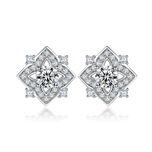 925 Sterling Silver Floral Clover Earrings for Women Elegant Zircon Flower Studs White Gold Plated