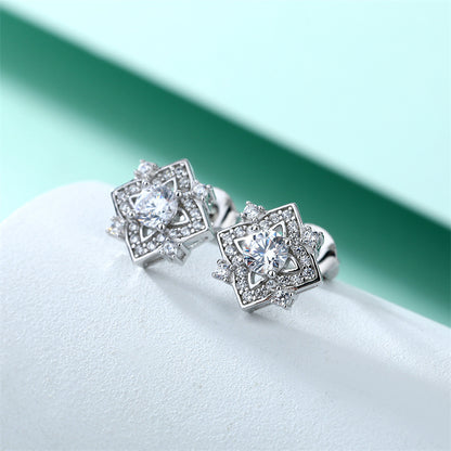 925 Sterling Silver Floral Clover Earrings for Women Elegant Zircon Flower Studs White Gold Plated