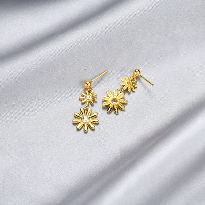 925 Sterling Silver Floral Geometric Drop Earrings with Cubic Zirconia - Korean Style Dangle Earrings with Plastic Backs