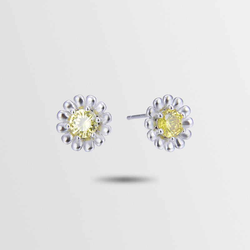 925 Sterling Silver Floral Geometric Stud Earrings with Zircon - Korean Style Fashion Earrings