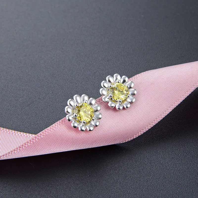 925 Sterling Silver Floral Geometric Stud Earrings with Zircon - Korean Style Fashion Earrings