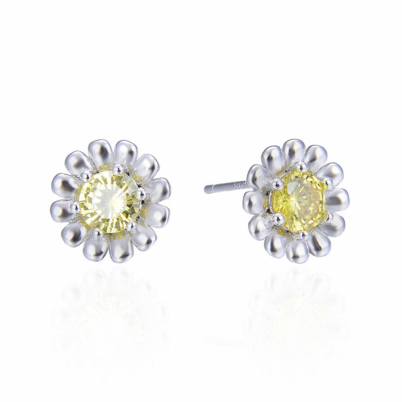 925 Sterling Silver Floral Geometric Stud Earrings with Zircon - Korean Style Fashion Earrings