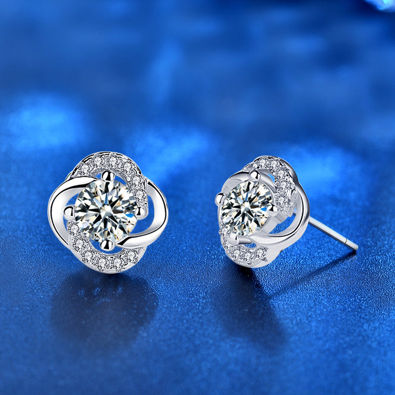 925 Sterling Silver Floral Leaf Geometric Stud Earrings with White Green Champagne Moissanite Elegant Everyday Jewelry for Women