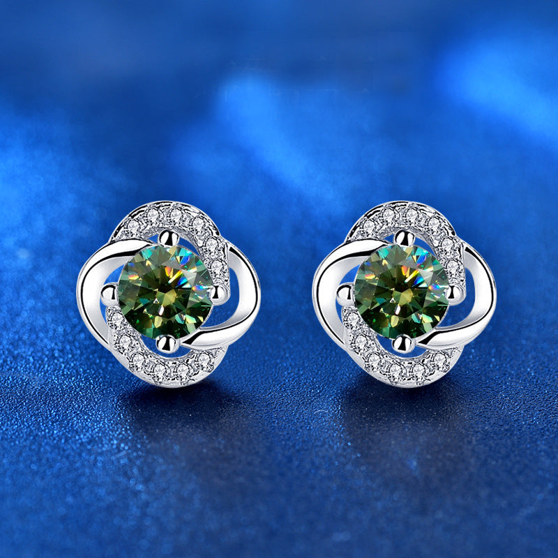 925 Sterling Silver Floral Leaf Geometric Stud Earrings with White Green Champagne Moissanite Elegant Everyday Jewelry for Women