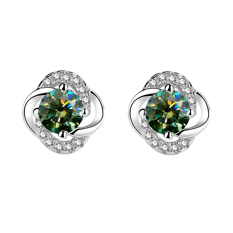925 Sterling Silver Floral Leaf Geometric Stud Earrings with White Green Champagne Moissanite Elegant Everyday Jewelry for Women