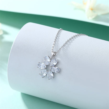 925 Sterling Silver Floral Pendant Necklace - Elegant Oval Zircon Blossom Jewelry