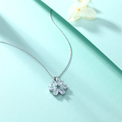 925 Sterling Silver Floral Pendant Necklace - Elegant Oval Zircon Blossom Jewelry