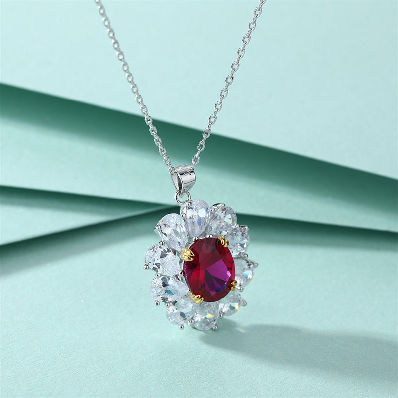 925 Sterling Silver Floral Pendant Necklace - Elegant Red Zirconia Blossom Collarbone Chain