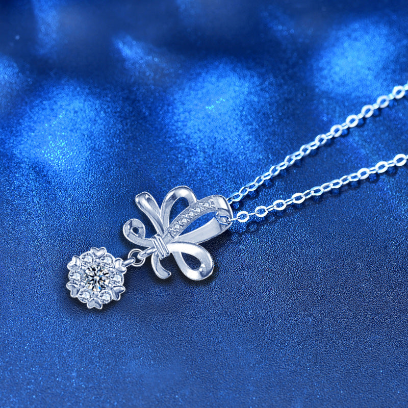 925 Sterling Silver Floral Pendant Necklace with 0.1ct Moissanite & Cross Chain - Korean Japanese Style Dainty Jewelry