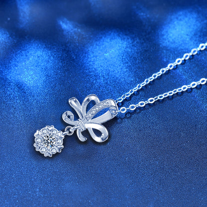 925 Sterling Silver Floral Pendant Necklace with 0.1ct Moissanite & Cross Chain - Korean Japanese Style Dainty Jewelry