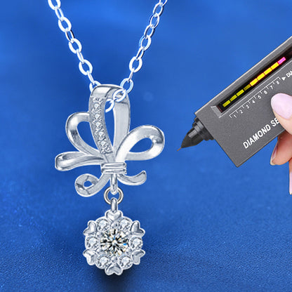 925 Sterling Silver Floral Pendant Necklace with 0.1ct Moissanite & Cross Chain - Korean Japanese Style Dainty Jewelry