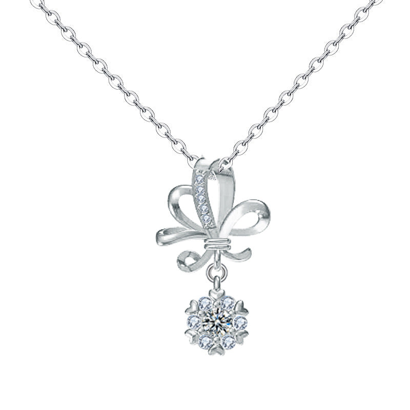 925 Sterling Silver Floral Pendant Necklace with 0.1ct Moissanite & Cross Chain - Korean Japanese Style Dainty Jewelry