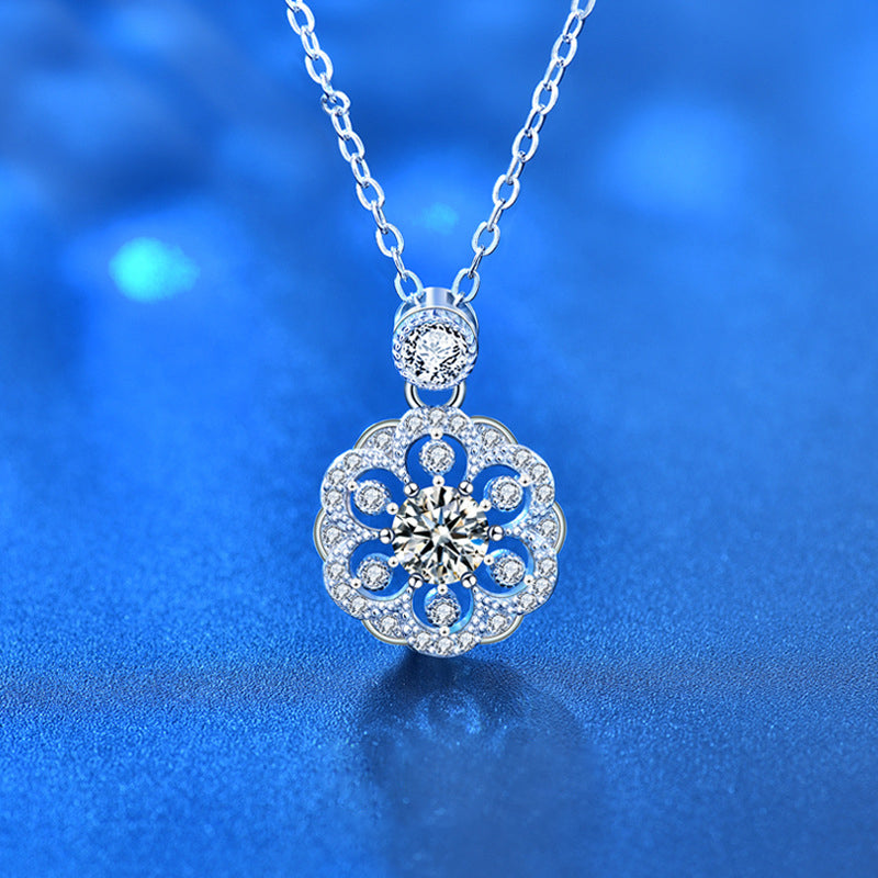 925 Sterling Silver Floral Pendant Necklace with 0.5ct Moissanite Micro-Pavé Cross Chain Women's Unique Boho Jewelry