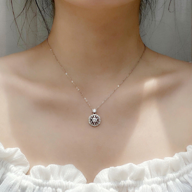 925 Sterling Silver Floral Pendant Necklace with 0.5ct Moissanite Micro-Pavé Cross Chain Women's Unique Boho Jewelry