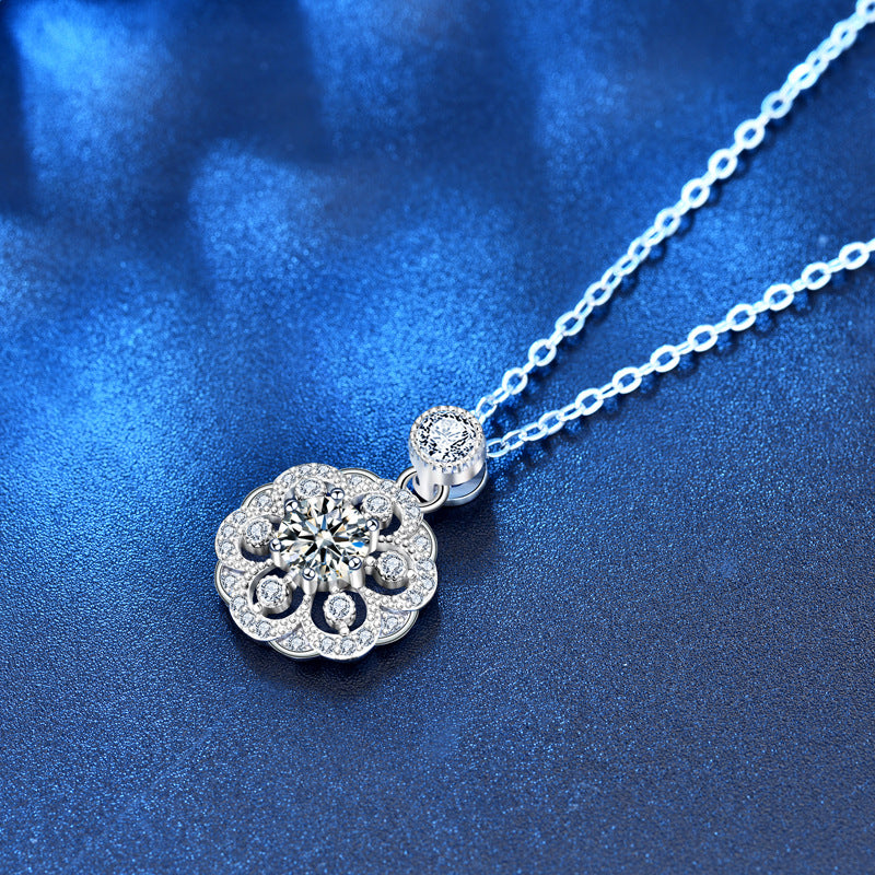 925 Sterling Silver Floral Pendant Necklace with 0.5ct Moissanite Micro-Pavé Cross Chain Women's Unique Boho Jewelry