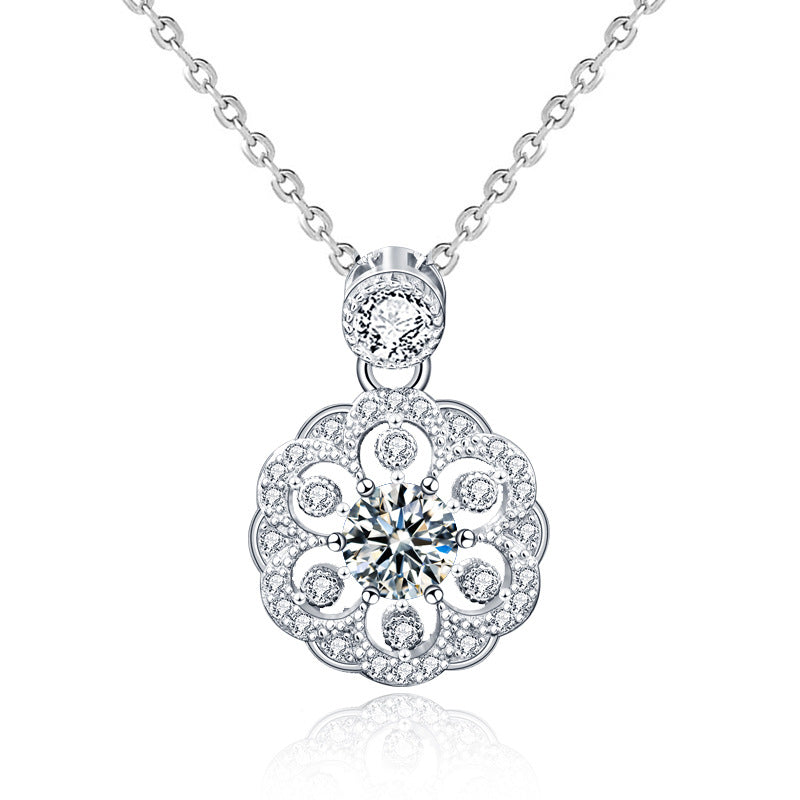 925 Sterling Silver Floral Pendant Necklace with 0.5ct Moissanite Micro-Pavé Cross Chain Women's Unique Boho Jewelry