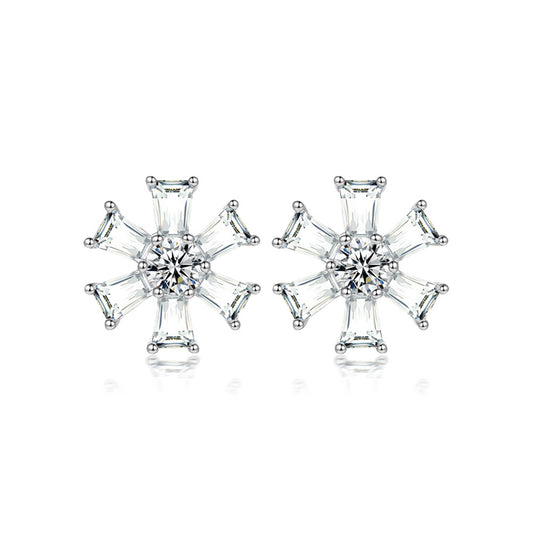 925 Sterling Silver Floral Star Earrings for Women Elegant Daisy Flower Stud Earrings with Zircon Stones, White Gold Plated 3g