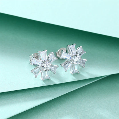 925 Sterling Silver Floral Star Earrings for Women Elegant Daisy Flower Stud Earrings with Zircon Stones, White Gold Plated 3g