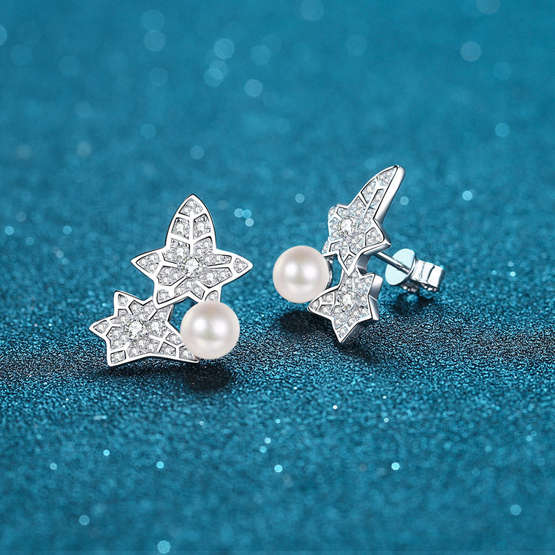 925 Sterling Silver Floral Star Stud Earrings - 0.68ct Moissanite & 6-7mm Pearls