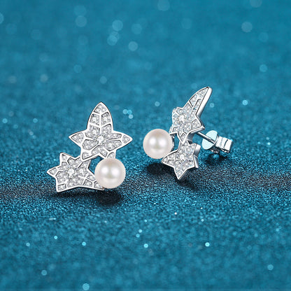 925 Sterling Silver Floral Star Stud Earrings - 0.68ct Moissanite & 6-7mm Pearls