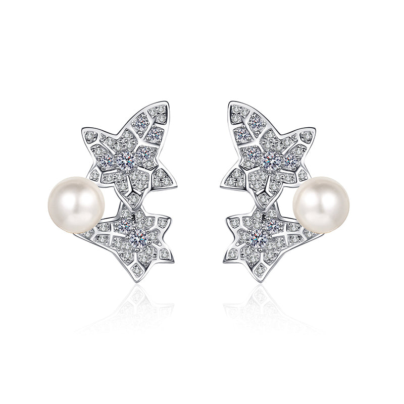 925 Sterling Silver Floral Star Stud Earrings - 0.68ct Moissanite & 6-7mm Pearls