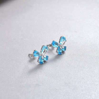 925 Sterling Silver Floral Stud Earrings - Korean Style Crystal Geometric Earrings with Plastic Stoppers