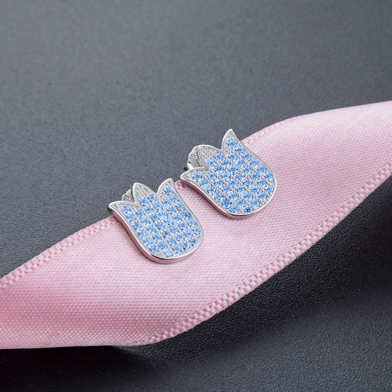 925 Sterling Silver Floral Stud Earrings - Korean Style Diamond Geometric Earrings with Plastic Stoppers