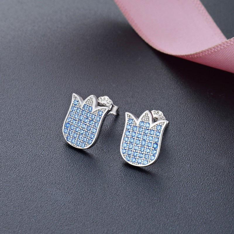 925 Sterling Silver Floral Stud Earrings - Korean Style Diamond Geometric Earrings with Plastic Stoppers