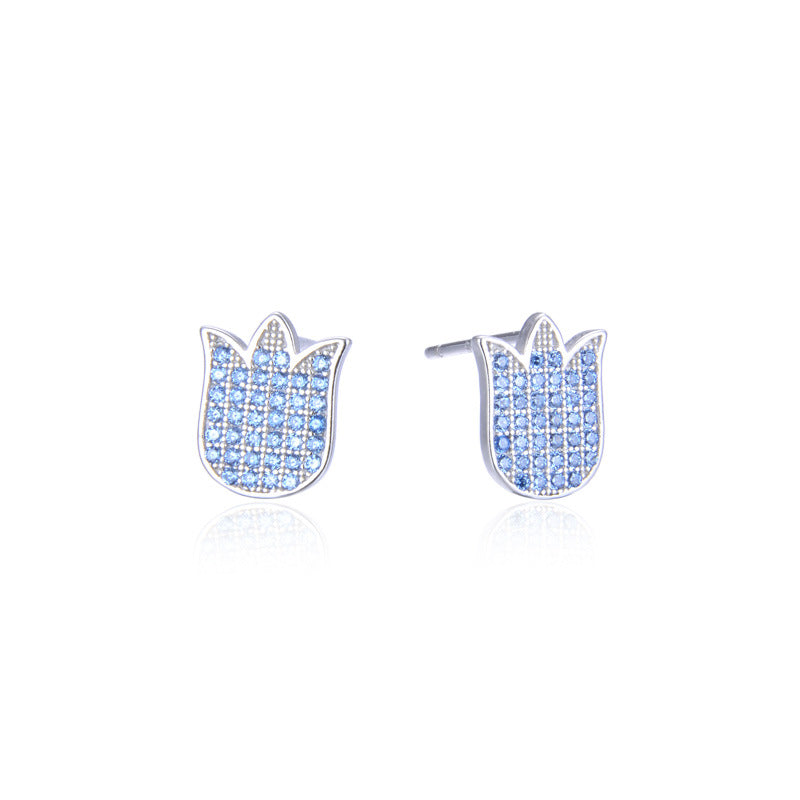 925 Sterling Silver Floral Stud Earrings - Korean Style Diamond Geometric Earrings with Plastic Stoppers