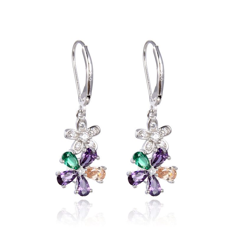 925 Sterling Silver Floral Stud Earrings - White Gold Plated Korean Style Flower Earrings for Women