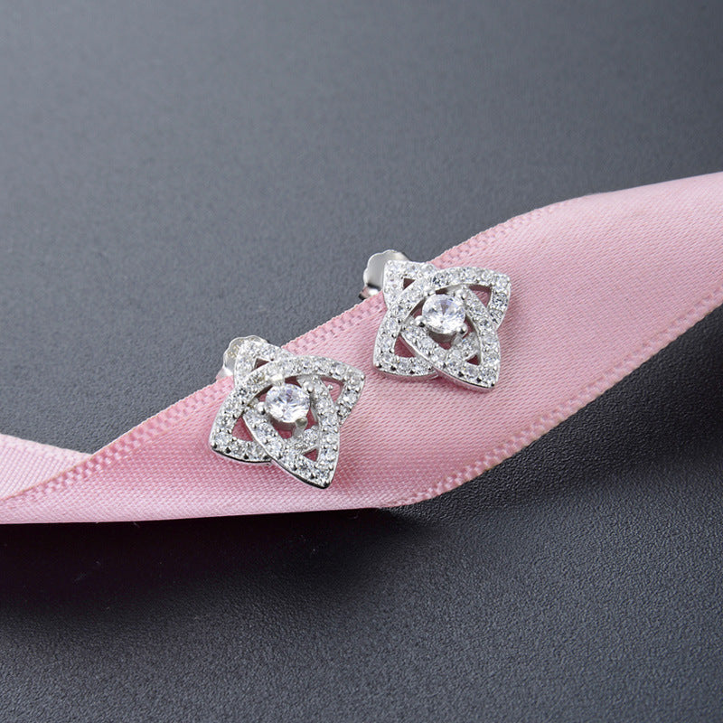 925 Sterling Silver Floral Stud Earrings - White Gold/Rose Gold Plated Diamond Accent Korean Style Earrings with Plastic Stoppers