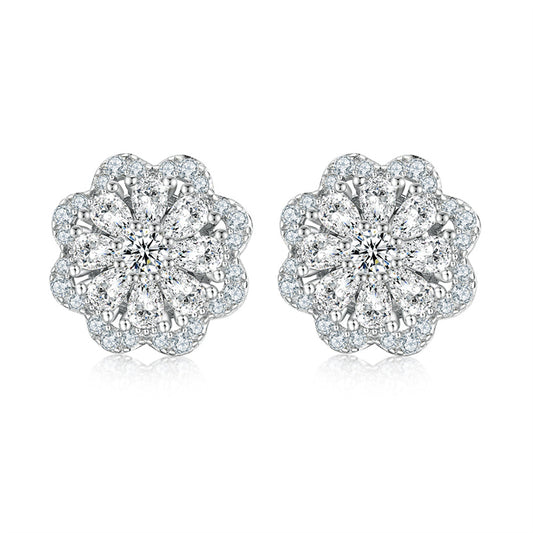 925 Sterling Silver Floral Stud Earrings for Women Elegant Zircon Flower Jewelry White Gold Plated