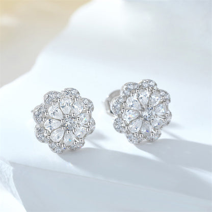 925 Sterling Silver Floral Stud Earrings for Women Elegant Zircon Flower Jewelry White Gold Plated
