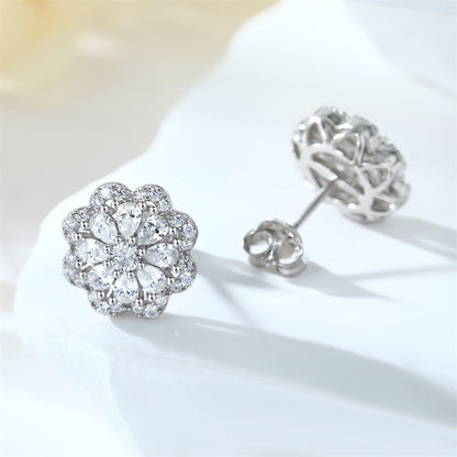 925 Sterling Silver Floral Stud Earrings for Women Elegant Zircon Flower Jewelry White Gold Plated