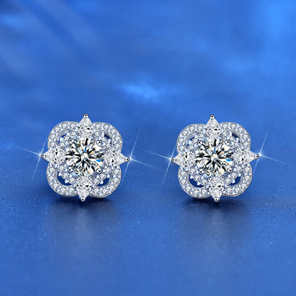 925 Sterling Silver Floral Stud Earrings with 0.5ct Moissanite Elegant European Style Jewelry for Women