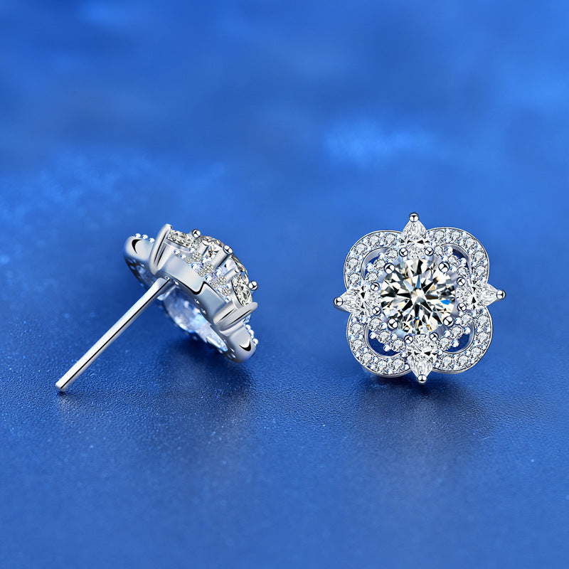 925 Sterling Silver Floral Stud Earrings with 0.5ct Moissanite Elegant European Style Jewelry for Women